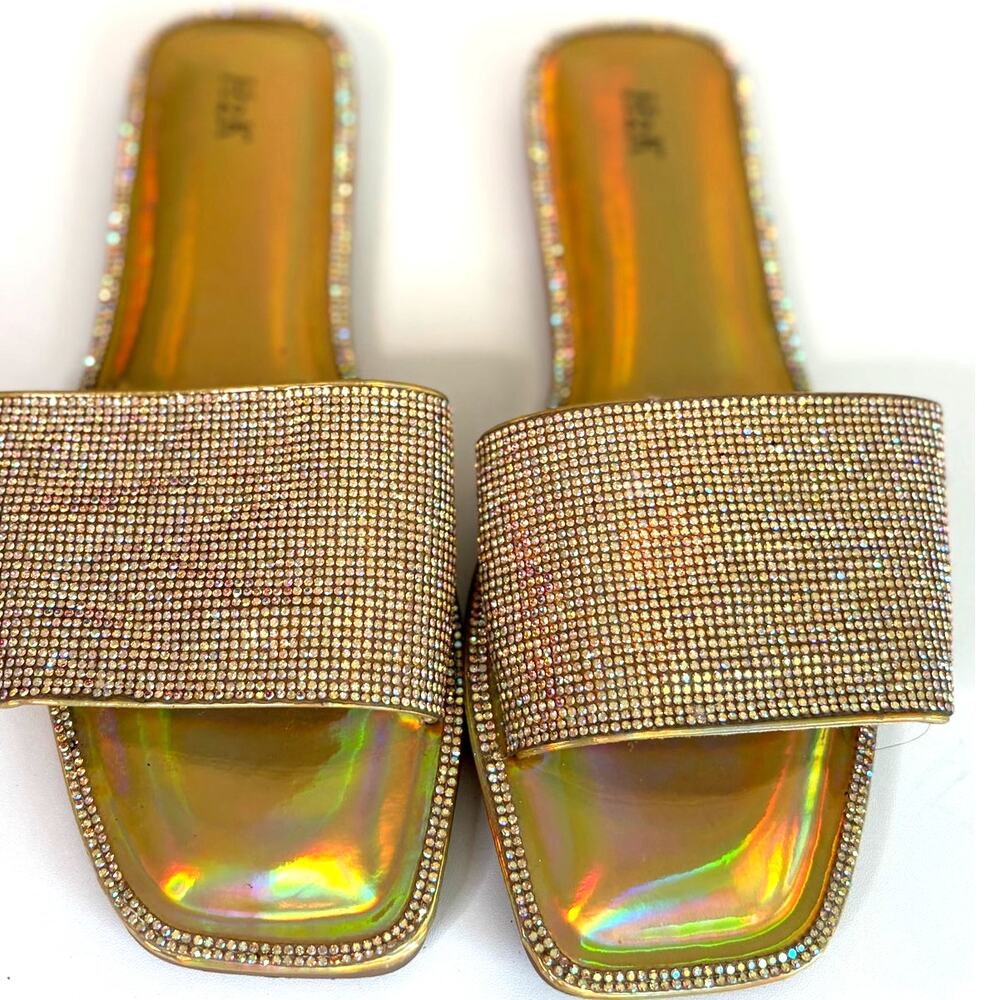 H2K Ladies Gold Sparkle Rhinestone Slides Size 10 #Shine #Golden Hour